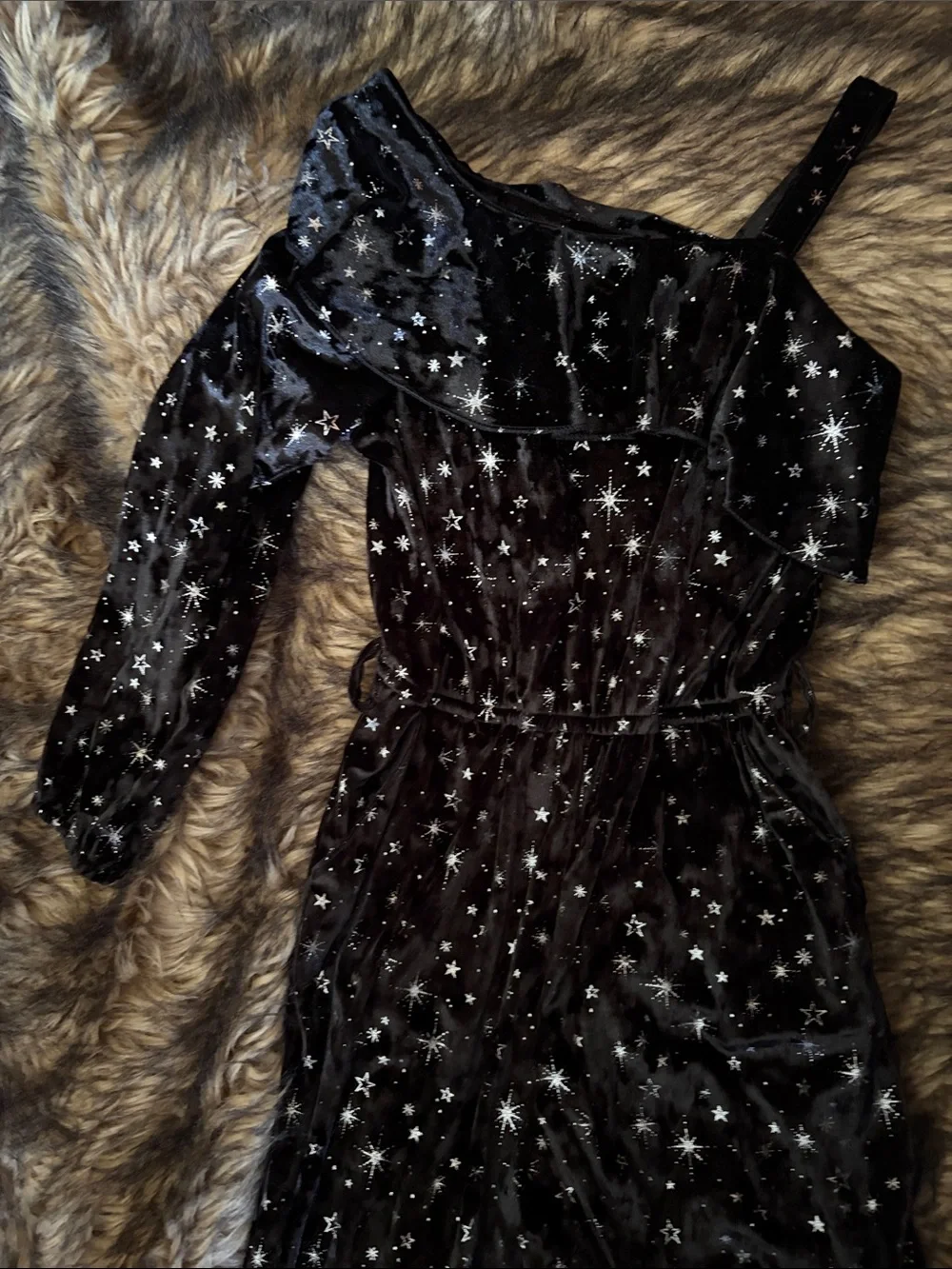 Justice Black Velvet Silver Star Print One-Shoulder Jumpsuit Size S 7/8 Holiday
